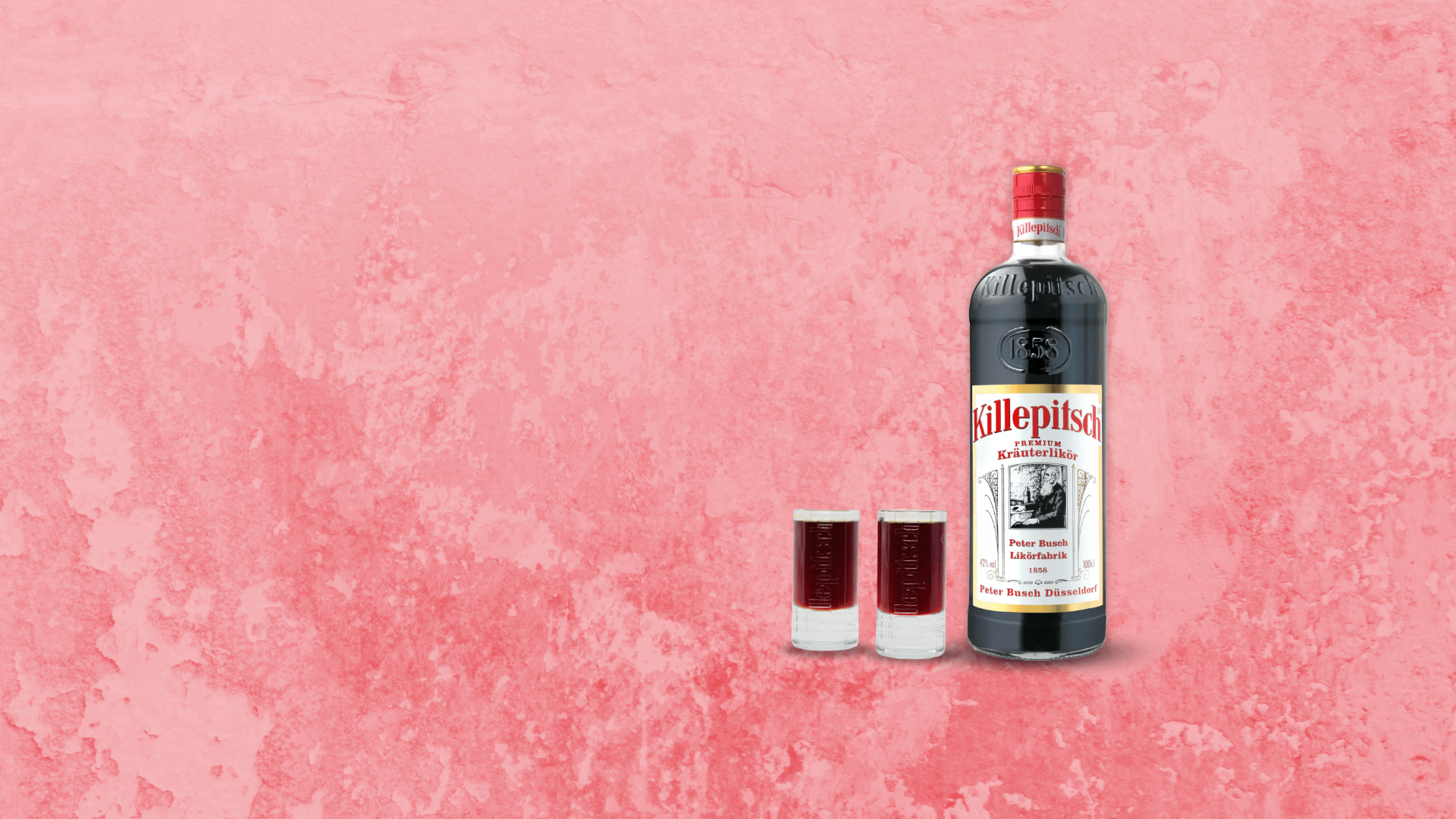 Killepitsch Flasche mit zwei Gläsern